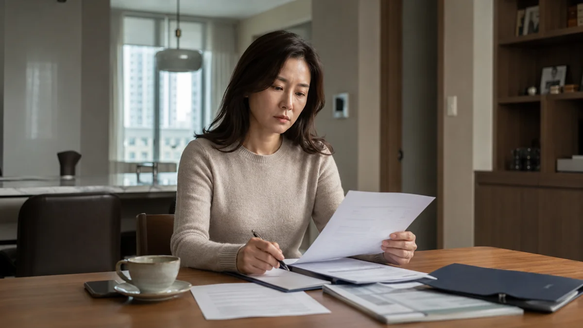 부정당업자 입찰제한 행정소송|집에서 진지하게 서류를 검토하며 작성하는 여성