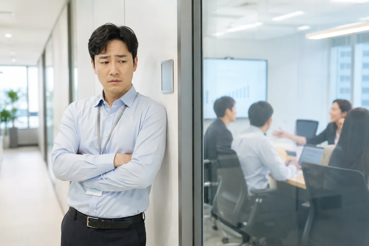 서초 부동산 계약금 반환|회의실 밖에서 고민에 빠진 표정의 직장인 남성