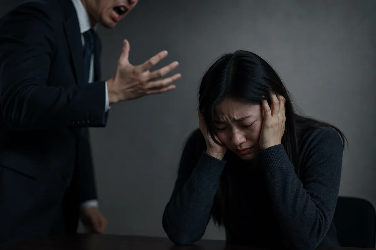 서초 상가 임대차 계약갱신|남성의 폭언과 위협에 괴로워하는 여성의 모습